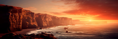 coastal cliffs at dusk, with the cliffs bathed in the warm and comforting tones of peach fuzz. Generative AIの素材