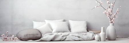 Light-filled room concept, using white and silver satin texture for an uplifting atmosphere. Generative AIの素材