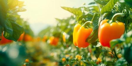 Ripe bell peppers nestled among the lush foliage of pepper plants in a sunlit vegetable field. Generative AIの素材