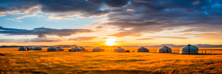 nomadic lifestyle in the vast steppe with traditional yurts against the backdrop of endless meadows. Generative AIの素材