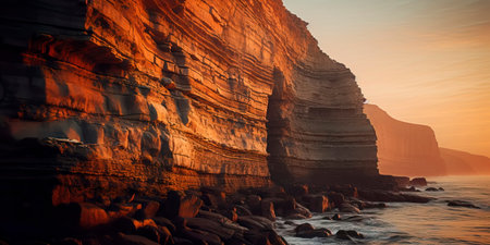 coastal cliffs at dusk, with the cliffs bathed in the warm and comforting tones of peach fuzz. Generative AIの素材