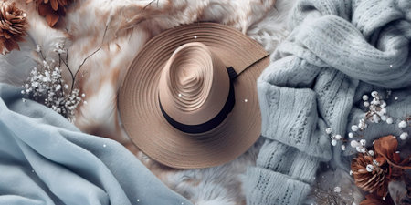 Top-view background with a winter theme showcasing chic winter fashion items, scarves, and accessories. Generative AIの素材