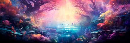 watercolor landscape with rivers filled with spectral fish, glowing in various hues as they swim through a dreamy watercolor world. Generative AIの素材