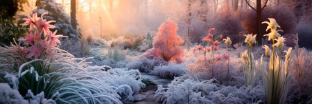 garden with frosted flowers and delicate plants, showing the unique beauty that winter brings to nature. Generative AIの素材