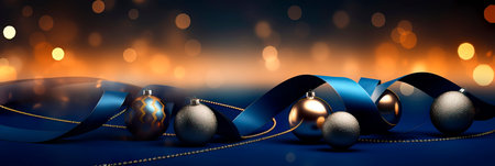 Dark blue velvet ribbons intertwined with Christmas. Generative AIの素材