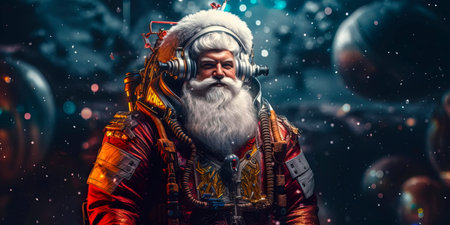 Santa Claus in a futuristic space suit, surrounded by cosmic elements, blending the magic of Christmas with a touch of science fiction. Generative AIの素材