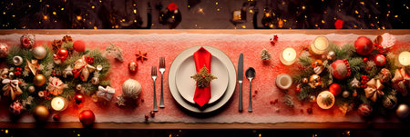 Christmas background showing a festive table setting with holiday-themed plates, napkins, and silverware. Generative AIの素材
