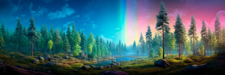 tranquility of the boreal forests , where tall trees create a sense of seclusion and calm.Generative AIの素材