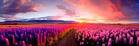 The bright hues of wildflowers covering the field create a riot of color and highlight the beauty of the wild nature. Generative AIの素材