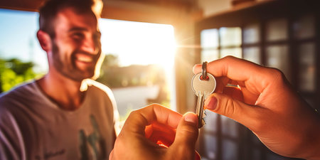 joyous moment of a person receiving the key to their new home, emphasizing the excitement of moving into a new space. Generative AIの素材
