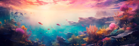 watercolor landscape with rivers filled with spectral fish, glowing in various hues as they swim through a dreamy watercolor world. Generative AIの素材