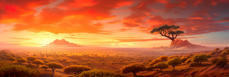 vast plains during sunset, with the sky ablaze in warm colors and the land bathed in soft light. Generative AIの素材