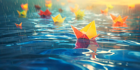 watercolor background capturing the whimsy of paper boats sailing in a puddle after the rain. Generative AIの素材