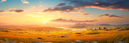 vast plains during sunset, with the sky ablaze in warm colors and the land bathed in soft light. Generative AIの素材