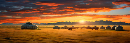 nomadic lifestyle in the vast steppe with traditional yurts against the backdrop of endless meadows. Generative AIの素材