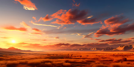 vast plains during sunset, with the sky ablaze in warm colors and the land bathed in soft light. Generative AIの素材