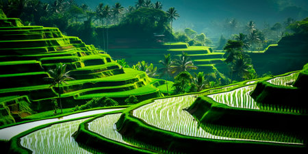 Rural landscapes with intricate rice terraces, where lush green fields cascade down hillsides. Generative AIの素材