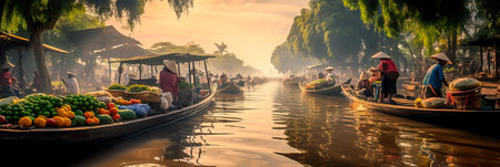 lush and intricate rural landscapes of the featuring waterways and vibrant floating markets. Generative AIの素材