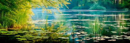 beauty of a tranquil lake, surrounded by lush greenery and mirrored reflections. Generative AIの素材