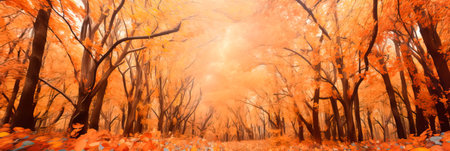 Autumn forest with leaves in various shades of peach color creating a warm and cozy backdrop. Generative AIの素材