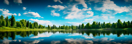 beauty of a tranquil lake, surrounded by lush greenery and mirrored reflections. Generative AIの素材