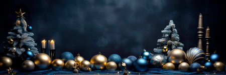 Dark blue and silver-themed Christmas decorations, showcasing an elegant and modern holiday display. Generative AIの素材