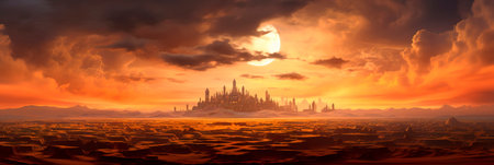 desert landscape where a golden mirage creates illusions of distant cities and palaces , Generative AIの素材