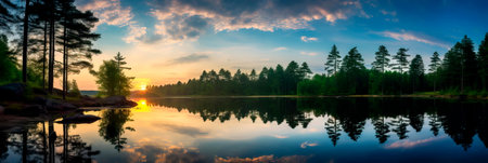 beauty of a tranquil lake, surrounded by lush greenery and mirrored reflections. Generative AIの素材