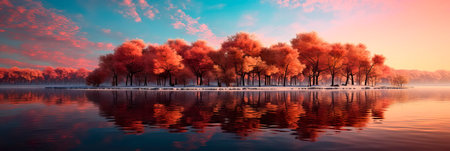 reflections of trees and the sky in calm waters, with the hues of peach fuzz creating a serene and reflective scene. Generative AIの素材