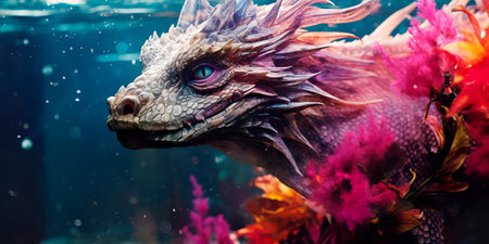 surreal watercolor dragons with aquatic features, such as fins and scales, navigating a magical underwater realm. Generative AIの素材