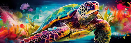 Beautiful sea turtles in the sea, ornate patterns and intricate designs on their shells. Generative AIの素材