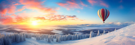 hot air balloon floating gracefully over a snow-covered landscape, capturing the serene and breathtaking views of winter. Generative AIの素材
