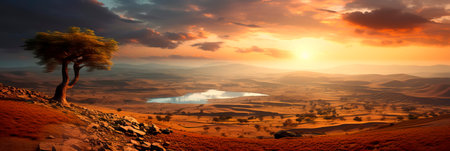 warm hues of a sunset casting a golden glow over, creating a serene and magical atmosphere. Generative AIの素材