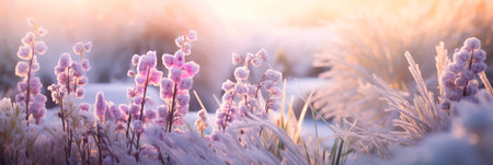 garden with frosted flowers and delicate plants, showing the unique beauty that winter brings to nature. Generative AIの素材