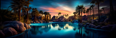 tranquility of a mystical oasis in the desert bathed in moonlight, with palm trees and reflective pools creating an oasis of calm. Generative AIの素材