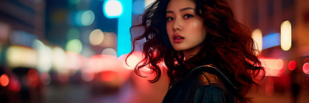 Glamor of a city night with a young Asian woman featuring voluminous curls and a makeup style that shines under city lights.Generative AIの素材