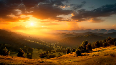 warm hues of a sunset casting a golden glow over, creating a serene and magical atmosphere. Generative AIの素材