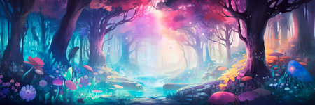 Whimsical, enchanted forest with vibrant, dreamy colors. Generative AIの素材