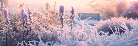 garden with frosted flowers and delicate plants, showing the unique beauty that winter brings to nature. Generative AIの素材