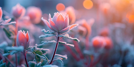 garden with frosted flowers and delicate plants, showing the unique beauty that winter brings to nature. Generative AIの素材