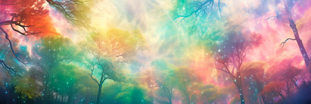 enchanted forest canopy, with whimsical trees and soft, ethereal flowers. Generative AIの素材
