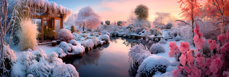 garden with frosted flowers and delicate plants, showing the unique beauty that winter brings to nature. Generative AIの素材