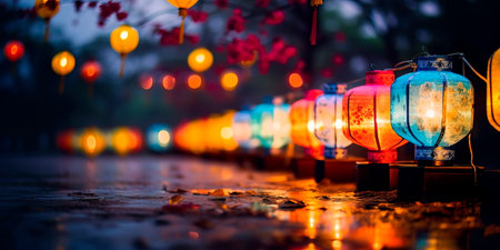 Lantern festival under the full moon, with lanterns of various shapes and colors. Generative AIの素材