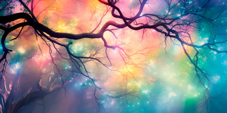 enchanted forest canopy, with whimsical trees and soft, ethereal flowers. Generative AIの素材