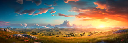 vast plains during sunset, with the sky ablaze in warm colors and the land bathed in soft light. Generative AIの素材