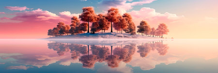 reflections of trees and the sky in calm waters, with the hues of peach fuzz creating a serene and reflective scene. Generative AIの素材