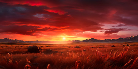 vast plains during sunset, with the sky ablaze in warm colors and the land bathed in soft light. Generative AIの素材