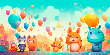 Whimsical watercolor background featuring a parade of cute animals in vibrant, playful colors.perfect for children's book illustrations or magical storytelling. Generative AIの素材