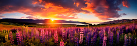 The bright hues of wildflowers covering the field create a riot of color and highlight the beauty of the wild nature. Generative AIの素材