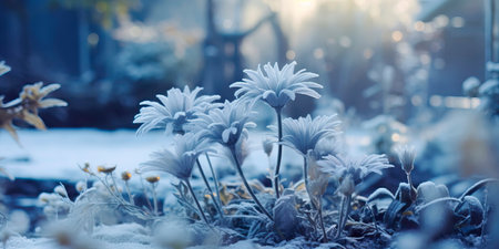garden with frosted flowers and delicate plants, showing the unique beauty that winter brings to nature. Generative AIの素材